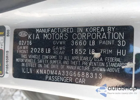 2016 Kia Rio Lx z USA, uszkodzony, nr VIN KNADM4A33G6688313